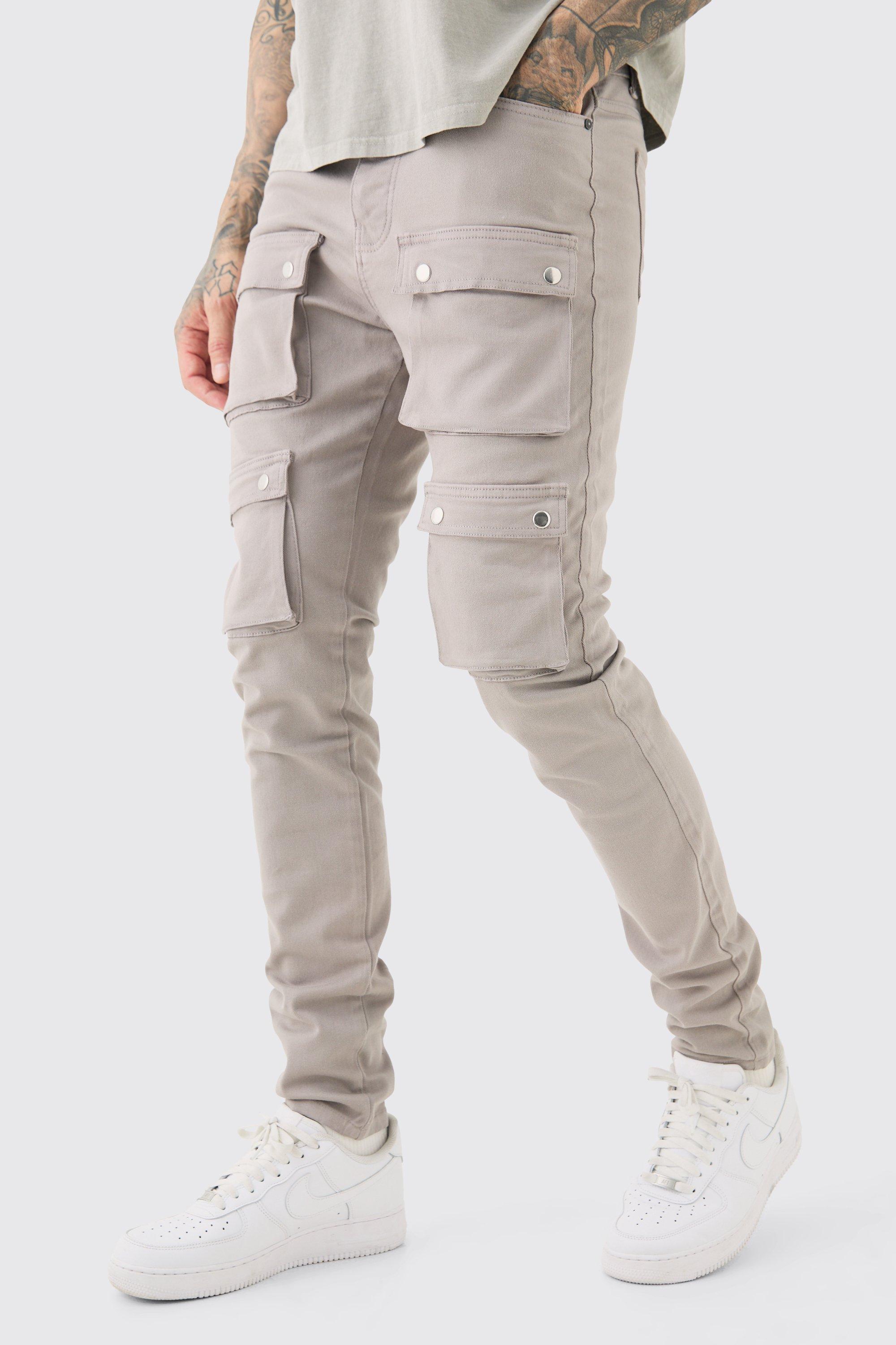 Mens Grey Tall Fixed Waist Skinny Multi Cargo Pocket Trouser, Grey